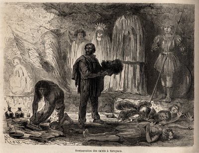 Restaurierung von Heiligenstatuen in Sarayacu (Peru), Zeichnung von Riou, zur Illustration von Paul Marcoys Reise vom Pazifik zum Atlantik von 1848 bis 1860. Gravur in 