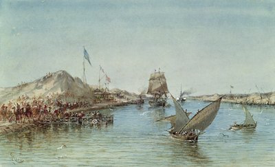 Schiffe auf dem Suezkanal, aus einem Souveniralbum zur Erinnerung an die Reise von Kaiserin Eugenie bei der Einweihung 1869 von Edouard Riou