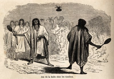 Das Ballspiel, unter den indischen Conibos von Peru, Zeichnung von Riou zur Illustration der Reise von 1848 bis 1860 von P. Marcoy, vom Pazifischen Ozean zum Atlantischen Ozean. Gravur in „Le tour du monde“, herausgegeben von Edouard Charton von Edouard Riou