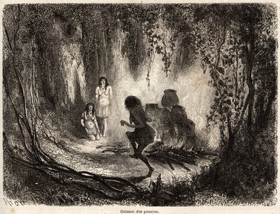 Das Brennen von Töpferwaren durch die Conibo-Indianer von Peru, mit der Anwesenheit einer alten Frau, die singt und um das Feuer tanzt, um böse Geister davon abzuhalten, die Töpferwaren zu berühren und zu zerbrechen von Edouard Riou