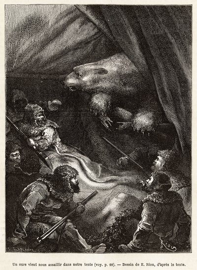 Die Besatzung des Schiffes La Germania, auf dem Eis für ein Jagdspiel abgestiegen, errichtete ein Zelt zum Biwak, das von einem Eisbären besucht wird, als die Männer sich niederlegen wollten, graviert nach der Zeichnung von E. Riou, zur Illustration einer  von Edouard Riou