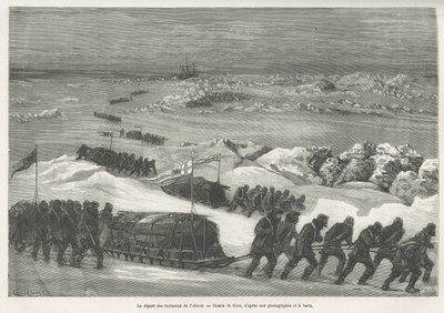 Der Aufbruch der Alert-Schlitten, Schiff der Polarexpedition, Zeichnung von Riou, um die Geschichte einer Reise zum Polarmeer in 1875-1876 zu illustrieren, von Kapitän G.S. Nares. Gravur in Le tour du monde. von Edouard Riou