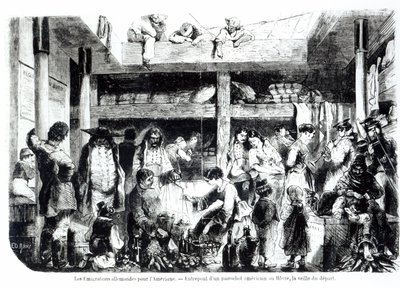 Der Vorabend der Abreise nach Amerika - Deutsche Auswanderer auf dem Weg in die USA im Zwischendeck eines amerikanischen Liners im Hafen von Le Havre, um 1850 von Edouard Riou