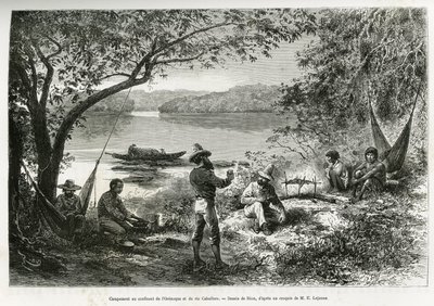 Das Lager der Entdecker, an der Mündung des Orenoque und des Cabullero-Flusses. Gravur von Riou, zur Illustration der Entdeckungsreise durch Neugranada und Venezuela, von Dr. Crevaux, erstklassiger Marinearzt und E.Lejeanne, Marinepharmazeut von Edouard Riou