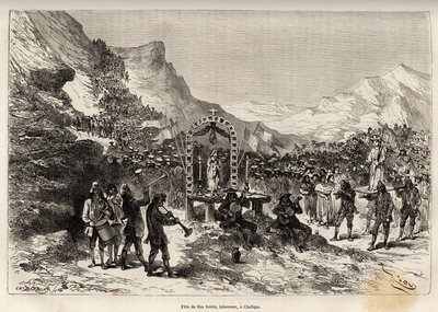 Das Fest von San Isidro, Schutzpatron der Pflüger und Beschützer der Kulturen, in Challqui (Peru), die Parade von mehr als 1000 Indianern aus der Umgebung, bringt die Statue des Heiligen zum Altar der Jungfrau, dann versammeln sich alle zum Fest von Edouard Riou