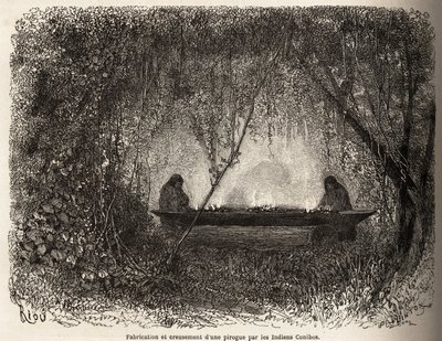 Die Herstellung eines Kanus, evakuiert durch Feuer, von den Conibo-Indianern von Peru, Zeichnung von Riou zur Illustration der Reise von 1848 bis 1860 von P. Marcoy, vom Pazifik zum Atlantik. Gravur in „Le tour du monde“, herausgegeben von Edouard Charton von Edouard Riou