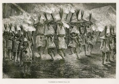 Der Fackelzug durch die Straßen von San Jose, Zeichnung von E. Riou, um die Reise in die Region Titicaca und die Täler des Ostens von Unterperu in 1873 von Paul Marcoy zu illustrieren. Gravur in Le tour du monde von Edouard Riou