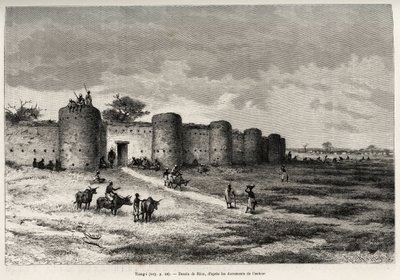 Die Stadt Tiong-Gi (Tiong Gi, Mali) mit ihren Befestigungen und Lehmhäusern. Gravur von Riou zur Illustration der Geschichte „Vom Niger zum Golf von Guinea“ von Hauptmann Louis Gustave Binger (1856-1936), veröffentlicht in Le Tour du monde von Edouard Riou