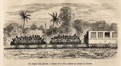 Der Wagen der Armen der paraguayischen Züge, einfache Plattformen, die an das Ende der Züge angehängt sind, auf denen sich die Passagiere nach der Abfahrt vom Bahnhof Assumption übereinander stapeln, Gravur nach der Zeichnung von E. Riou, zur Illustration  von Edouard Riou