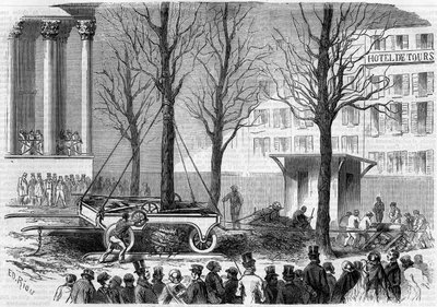 Baumverpflanzung auf dem Place de la Bourse in Paris im Winter 1858. Gravur von Riou in „Le Monde Illustré“ Nr. 46 vom 27. Februar 1858 von Edouard Riou