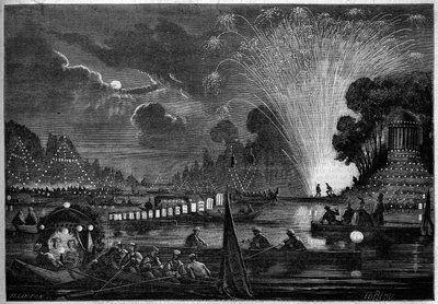 Venezianisches Fest in Neuilly zugunsten der Armen im Jahr 1858. Gravur von Riou in „Le Monde Illustré“ Nr. 77 vom 2. Oktober 1858. von Edouard Riou