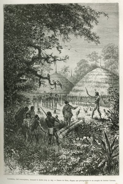 Yacouman, Roucouyenne-Häuptling, Stamm von Guayana am Ufer des Oyapock, der den Teufel vertreibt, er geht nach der Geburt eines Kindes durch das Dorf und besprengt mit einem Federpinsel eine milchig-weiße Flüssigkeit, Illustration nach einer Zeichnung von  von Edouard Riou