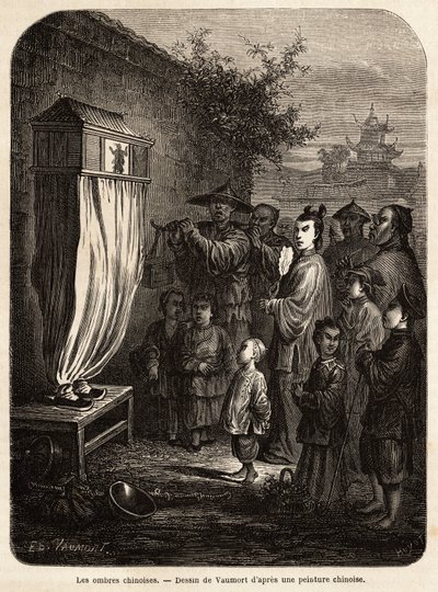 Ein mobiles Theater chinesischer Schatten auf einem Spaziergang bei Peking. Zeichnung von Vaumort zur Illustration der Reise von Shanghai nach Moskau 1859-1862 von M. de Bourboulon, französischer Minister in China. Gravur in „Le tour du monde“, herausgegeb von Edouard Vaumort