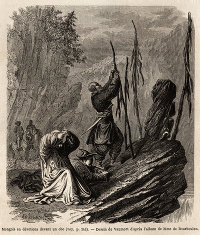 Mongolen in Andacht zu einem Obo, nahe den Bakka- und Mongolei-Bergen, Zeichnung von Vaumort zur Illustration der Reise von Shanghai nach Moskau von 1859 bis 1862 von M. de Bourboulon, französischer Minister in China. Gravur in 