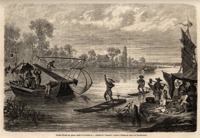Die verschiedenen Methoden des Fischens in den Flüssen der Provinz Pet Tche Li (Feuerfischen, Dreizackfischen, Fischfischen, Schachfischen und Uferfischen) werden beschrieben von Edouard Vaumort