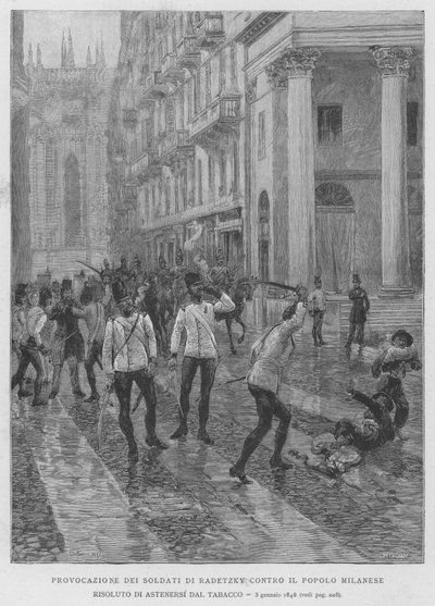 Provokation der Soldaten von Radetzky gegen das Mailänder Volk, das entschlossen ist, auf Tabak zu verzichten, 3. Januar 1848 von Edouardo Matania