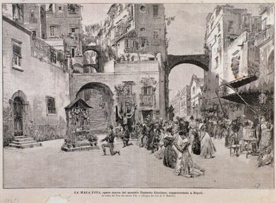Darstellung von Vitos Gelübde, aus La mala vita, Oper von Umberto Giordano (Gravur) von Edouardo Matania