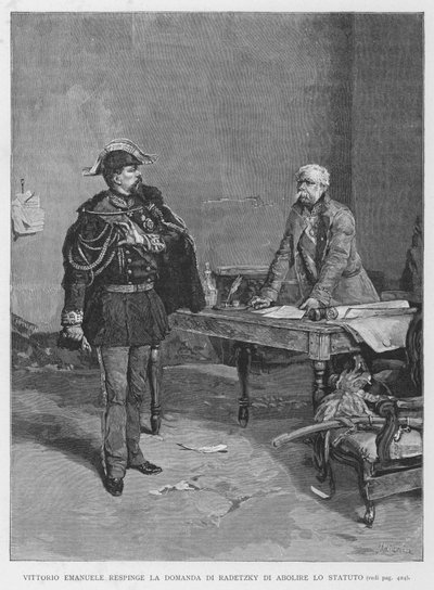 Vittorio Emanuele weist Radetzkys Antrag auf Abschaffung des Statuts zurück von Edouardo Matania