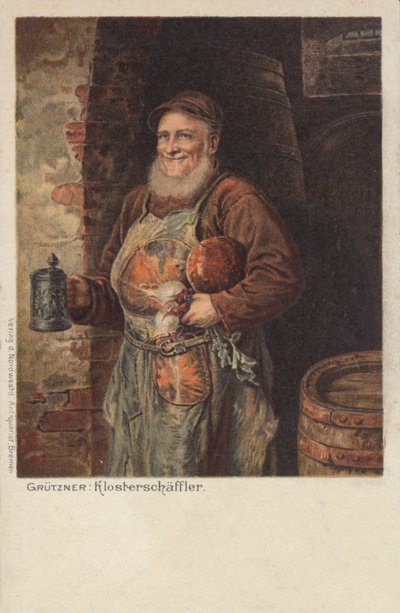 Der Klosterschäfler: Mönch trägt einen Bierkrug und sein Mittagessen (Chromolitho) von Eduard von (after) Grutzner