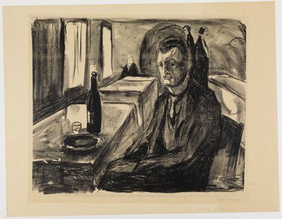 Selbstbildnis mit Weinflasche von Edvard Munch