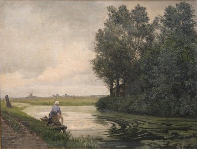 Holländische Landschaft. Ein Mädchen wäscht an einem Kanal von Edvard Petersen