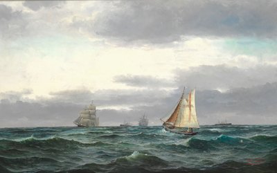 Marine mit mehreren Schiffen, graue Regenwolken und ein bisschen blauer Himmel von Edvard Skari