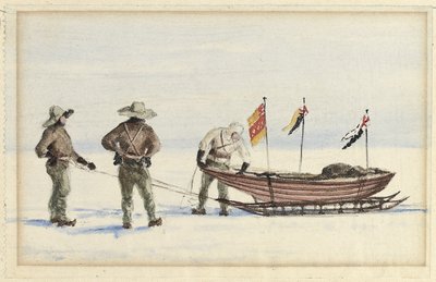 Die Schlittenparty zur White Island, Februar 1902: Shackleton, Wilson und Ferrar bereiten sich vor, 1902 von Edward Adrian Wilson