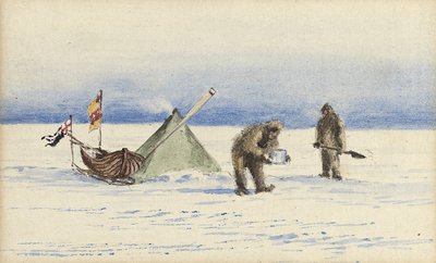 Die Schlittenparty zur White Island, Februar 1902: Shackleton und Wilson beim Lageraufbau, 1902 von Edward Adrian Wilson