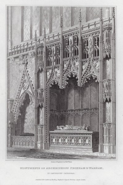 Denkmäler der Erzbischöfe Peckham und Warham in der Kathedrale von Canterbury (Gravur) von Edward Blore