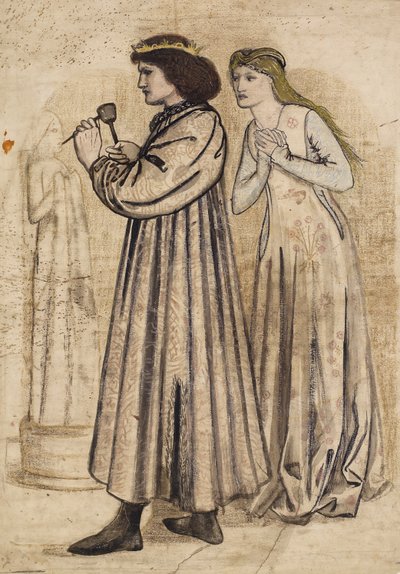 Szene von König René, der eine Figur schnitzt, beobachtet von seiner neuen Braut von Edward Coley Burne Jones