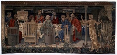 Suche nach dem Heiligen Gral, Tapisserien, Tafel 1, Ritter der Tafelrunde von der seltsamen Jungfrau zum Quest gerufen, 1898-1899 von Edward Burne Jones