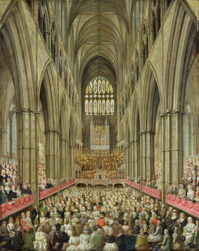 Innenansicht der Westminster Abbey bei der Feier von Händels Hundertjahrfeier, aus der Manager-Box gesehen, ca. 1793 von Edward Edwards