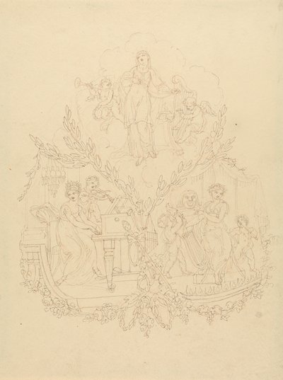 Weibliche Figuren und Putti spielen Musikinstrumente von Edward Francis Burney