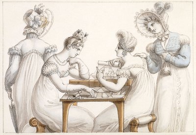 Damen schneiden Silhouetten aus und Damen unterhalten sich in einem Interieur von Edward Francis Burney