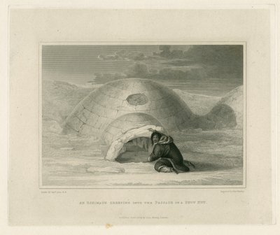 Ein Eskimo kriecht in den Durchgang einer Schneehütte von Edward Francis Finden
