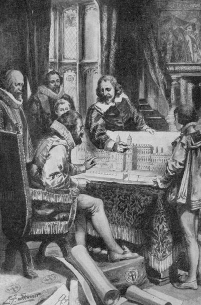 Inigo Jones zeigt König James I. seine Pläne zum Wiederaufbau von Whitehall von Edward Frederick Skinner