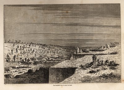 Ein Graben im Suezkanal. Zeichnung von Grenet zur Illustration eines Ausflugs zum Suezkanal 1862 von Paul Merruau. Gravur in „Le tour du monde“, herausgegeben von Edouard Charton von Edward Grenet