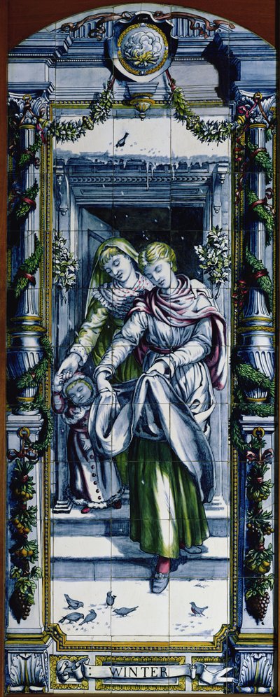 Winter, aus einer Serie von Fliesenpaneelen, entworfen von Sir Edward Poynter und hergestellt von Minton, Campbell und Company, für die Dutch Kitchen, 1867-8 von Edward John Poynter
