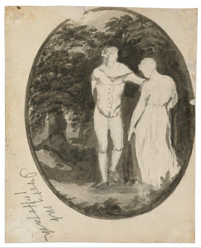 Ein Paar in einer bewaldeten Landschaft in einem Oval von Edward Lear