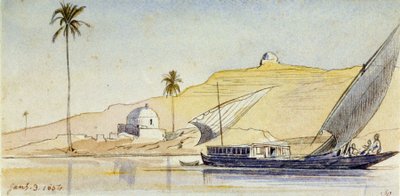 Eine große ägyptische Feluke auf dem Nil (Ägypten), vor den steilen Ufern, mit einer Palme und zwei weißen Marabus, die den Wüstenaspekt der Landschaft betonen von Edward Lear