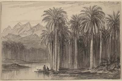 Figuren, die in Kanus aus einem Palmengarten aufbrechen (Wady Feiran) von Edward Lear