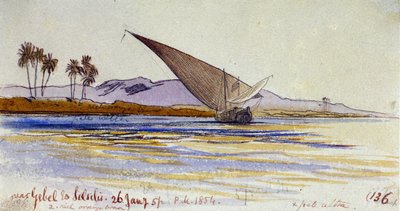 Die Ufer des Nils (Ägypten), mit Palmen und Gyassi, die dem Ufer zugewandt sind, in der Nähe von Gebel el Silsileh. Farbige Aquarellzeichnung von Edward Lear