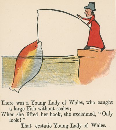 Es war eine junge Dame aus Wales, die einen großen Fisch ohne Schuppen fing, aus 