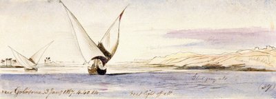Blick auf den Nil in der Nähe von Golosona (Ägypten), mit einem traditionellen ägyptischen Segelboot von Edward Lear