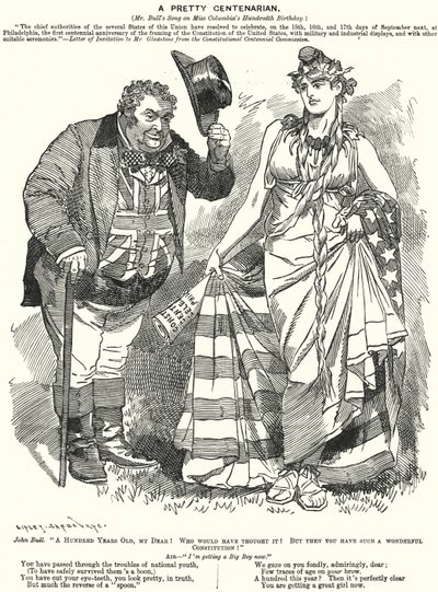 Punch-Karikatur: Eine hübsche Hundertjährige - das hundertjährige Jubiläum der Ausarbeitung der Verfassung der Vereinigten Staaten (Stich) von Edward Linley (after) Sambourne