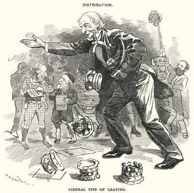 Karikatur von Punch: Verteilung. Liberale Tipps beim Verlassen (Stich) von Edward Linley (after) Sambourne