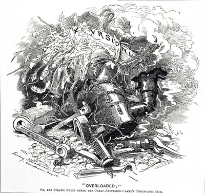 Karikatur mit dem Titel "Überladen"; oder der Strohhalm, der dem Kamel das Genick brach von Edward Linley Sambourne