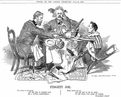 Koalitionsregierung. Herzog von Devonshire und Arthur Balfour (Mitte) versuchen, Joseph Chamberlain, den Führer der Juniorpartei in der Koalition, zu kontrollieren. Im September 1903 trat er zurück, um seine Zollreformen frei zu vertreten. Karikatur von Ed von Edward Linley Sambourne