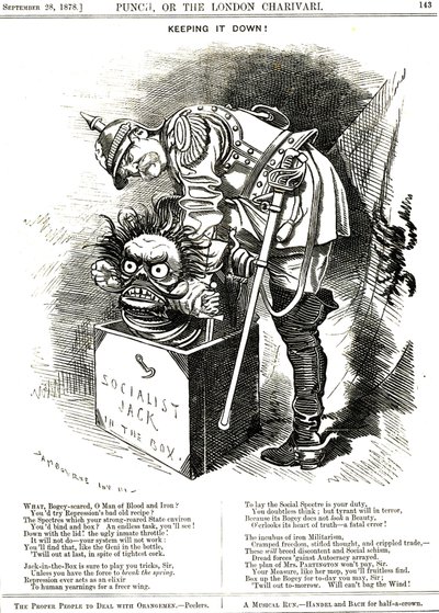 Unterdrückung. Otto von Bismarck (1815-1898), deutscher Kanzler, versucht, den Geist des Sozialismus zurück in seine Kiste zu zwingen. Die Bildunterschrift sagt ihm, dass jeder Akt der Unterdrückung wie ein Elixier für den menschlichen Wunsch nach mehr Fre von Edward Linley Sambourne