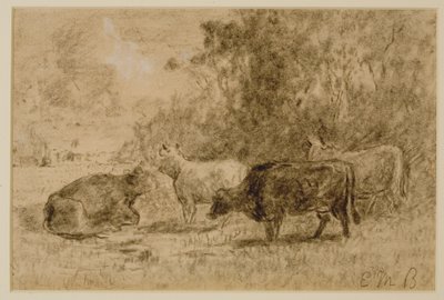 Landschaft mit vier Kühen, ca. 1880er (Kohle auf Papier) von Edward Mitchell Bannister